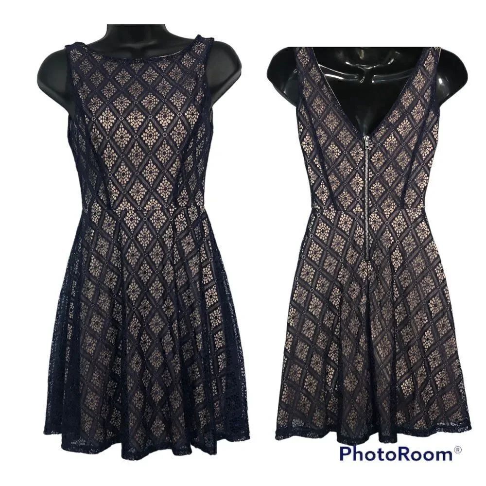 Navy Blue Lace Dress with V-zipper in Back Size 3